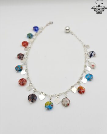 Silver 925 Anklet with Colorful Beads & Heart Charms